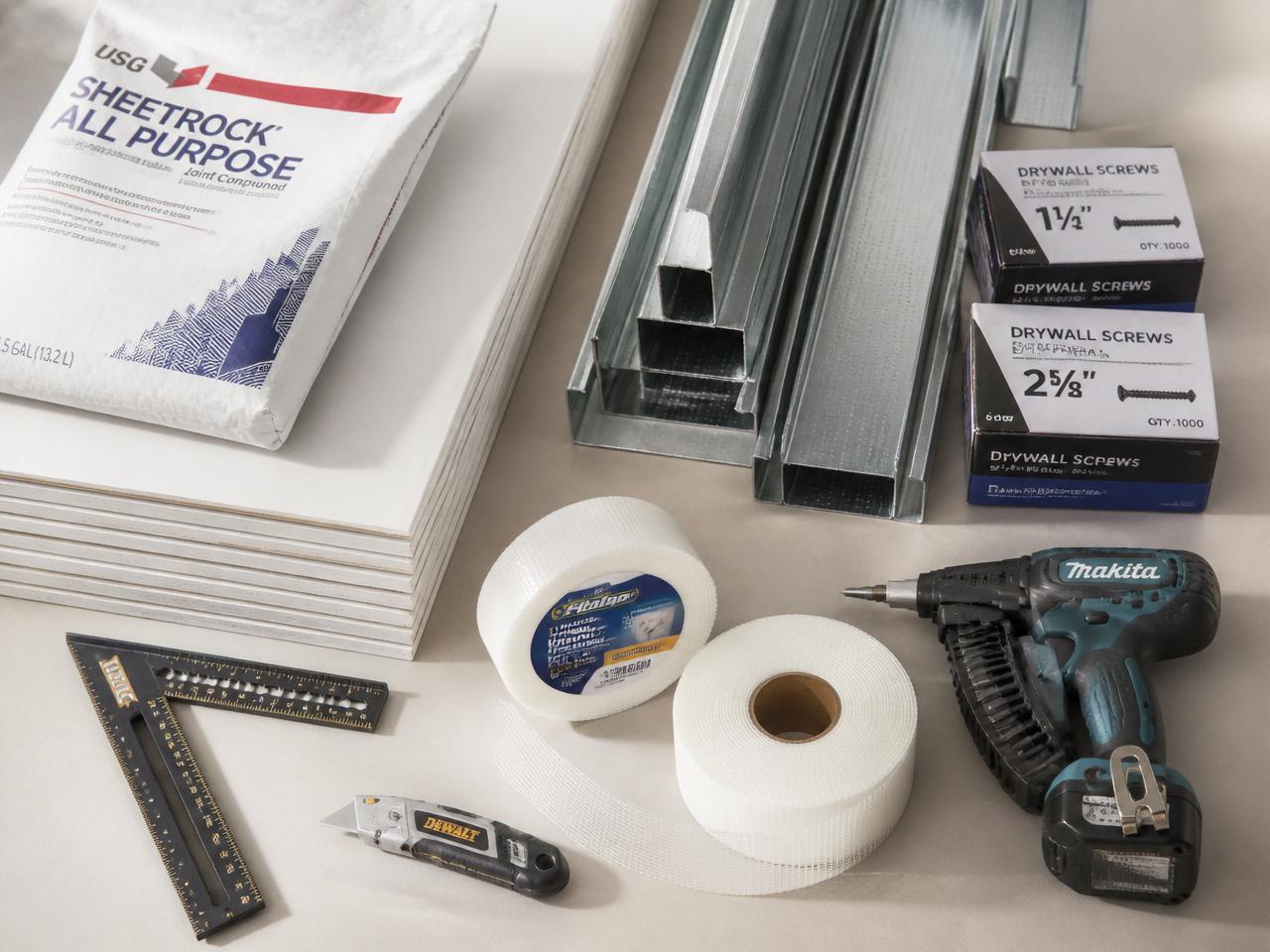 Placas de drywall, perfis galvanizados, gesso, parafusos, fitas e ferramentas para construção a seco